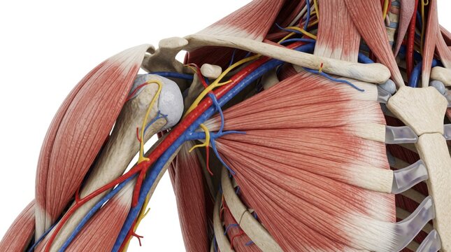 Detailed view of human shoulder and arm musculature with bones blood vessels and nerves. Anatomy illustration shows pectoral muscles deltoid and brachial plexus structure. Medical science education.