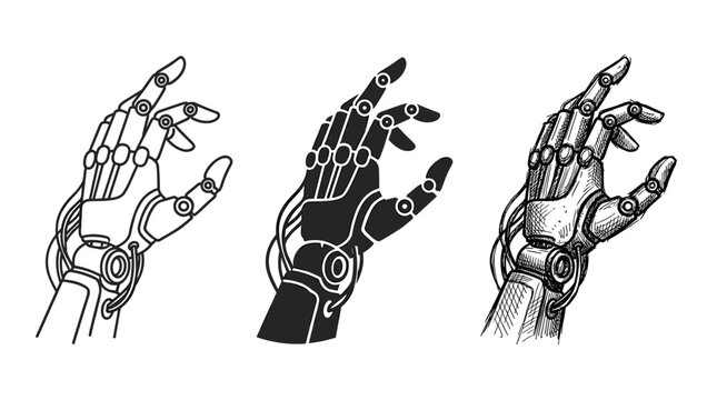 Set of three stylized robotic hands showing outline, solid silhouette, and intricate sketch depictions