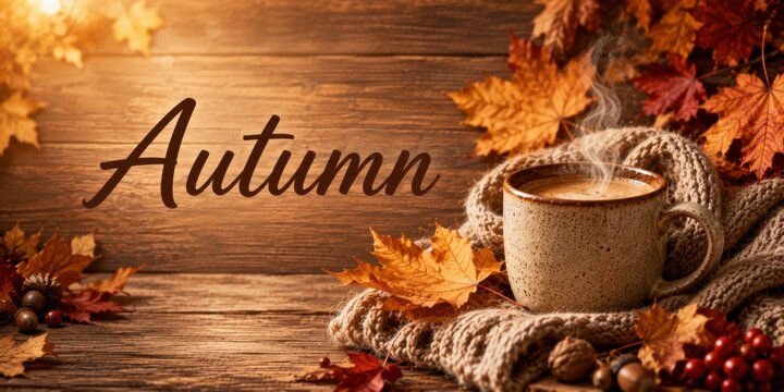 Steaming cup of hot coffee on a cozy knitted scarf surrounded by colorful autumn leaves on a rustic wooden background. Warm fall season banner