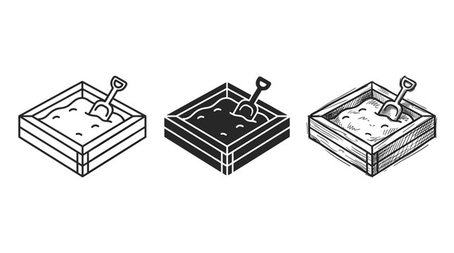 Three distinct icon styles of a sandbox with a shovel, featuring a clear outline, a solid black silhouette, and a textured hand-drawn sketch version.