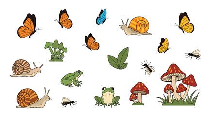 Obraz premium Cute collection of forest wildlife and nature elements including colorful butterflies, snails, frogs, and mushrooms.
