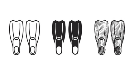 Three pairs of swim fins: outline, solid fill, and hand-drawn sketch icons in a horizontal row © Ірина Гринюк