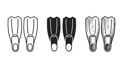 Three pairs of swim fins: outline, solid fill, and hand-drawn sketch icons in a horizontal row © Ірина Гринюк