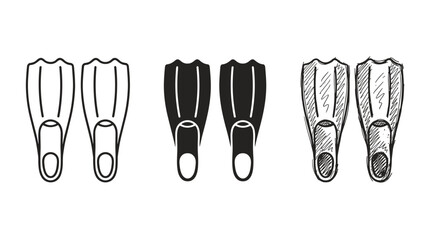 Three pairs of swim fins: outline, solid fill, and hand-drawn sketch icons in a horizontal row © Ірина Гринюк