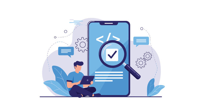 Professional developer testing and coding mobile application on giant smartphone screen with magnifying glass.