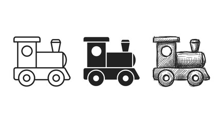 Set of three toy train locomotive icons, featuring a prominent circular front detail, depicted in outline, silhouette, and sketch styles © Ірина Гринюк
