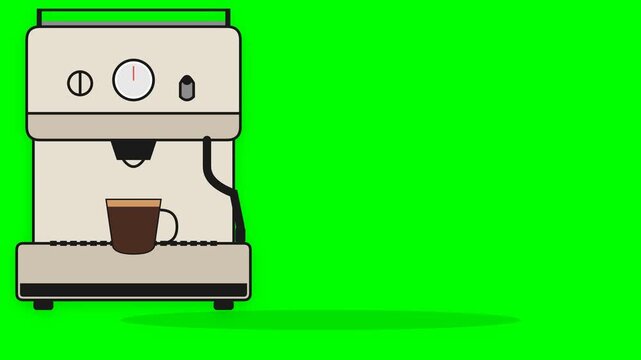 A detailed illustration of a coffee maker with a steaming cup of espresso, on a green background, perfect for animation projects and presentations