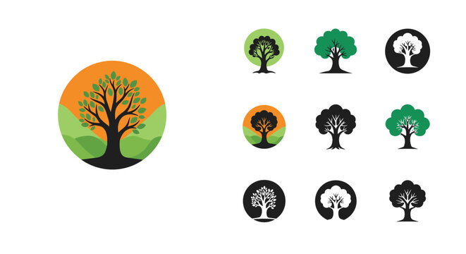 Collection of organic tree logo designs in circle badges representing nature, environmental protection, and ecology concepts.