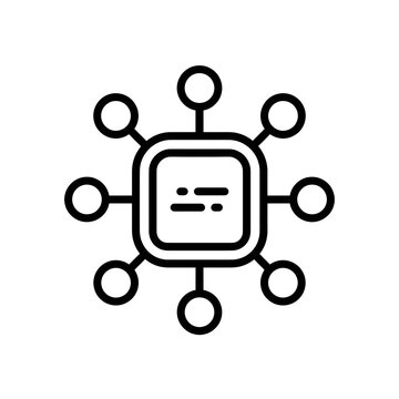 Digital technology icon representing a central processing unit or network hub with multiple connection nodes for data distribution and connectivity systems