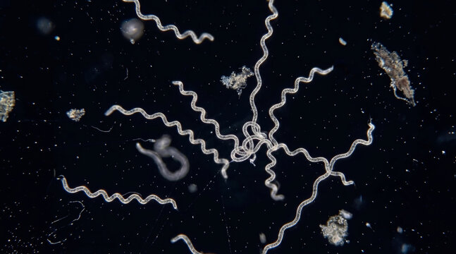Lyme disease spirochetes floating in a liquid. Microscopic photo of a spirochete of Lyme disease bacteri. 