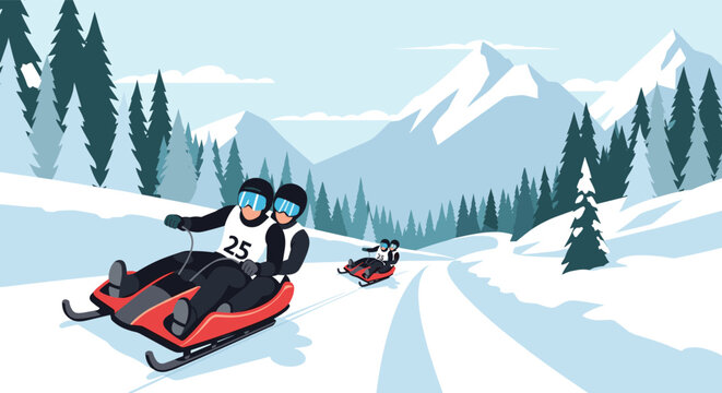 Sportsmen bobsledding down a snowy mountain slope track surrounded by pine forests in a beautiful winter landscape.
