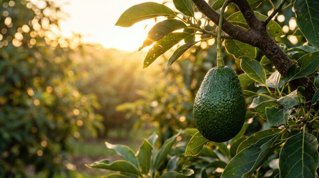Ripe avocado growing on a tree branch in a sunny orchard at golden hour. Fresh organic fruit, sustainable farming and healthy food concept