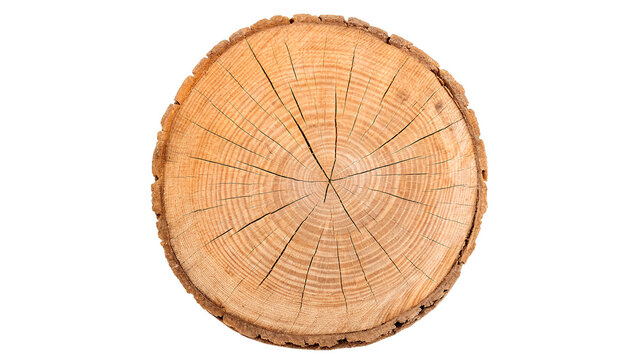 Natural round wooden tree log slice texture isolated on transparent background
