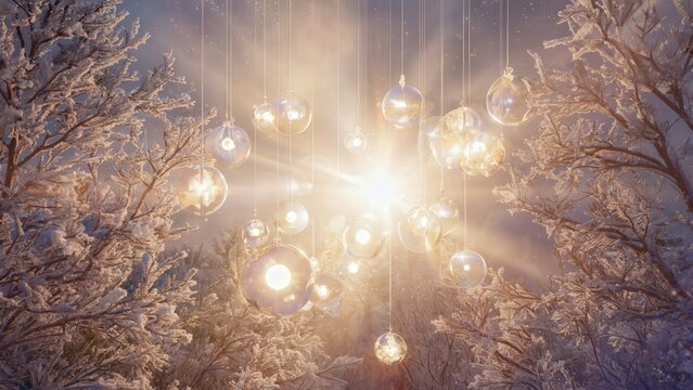 Glowing winter lights radiating through snowy trees