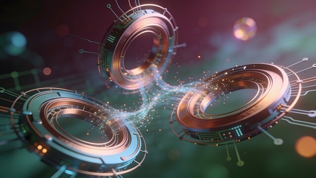 Futuristic metallic ring portals connected by glowing particle streams illustration suitable for quantum computing advanced technology cyber space background design