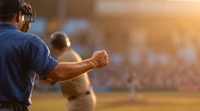 Professional Baseball Umpire Punching Out Strike Call with Powerful Fist Signal During Sunset Stadium Game, Official Decision and Competitive Sports Concept