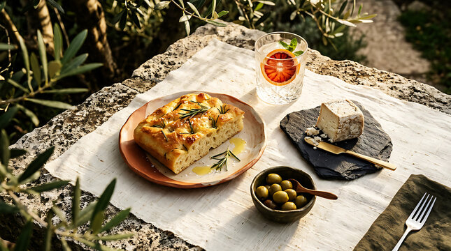 A rustic mediterranean outdoor picnic featuring focaccia bread, cheese, olives, and a blood orange cocktail on a stone table under olive trees