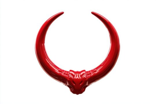 A striking, polished red bull's horns, rendered in a stylized, sculptural form, evokes a sense of power and primal energy. The smooth, curved horns meet at a central point resembling a bull's head.