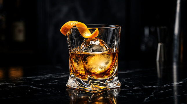 A sophisticated old fashioned cocktail served in a crystal rocks glass with a large clear ice sphere and an orange twist garnish on a dark marble bar