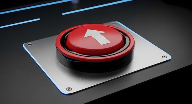 Red button with upward arrow concept on metallic panel, generated by AI
