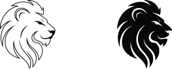 Lion Head Profile Icon Set featuring black and white lion face silhouettes, wild animal symbols, majestic predator emblems, safari wildlife, and editable vector illustrations. © GAjam