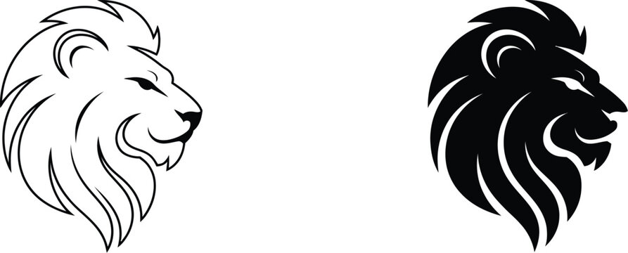 Lion Head Profile Icon Set featuring black and white lion face silhouettes, wild animal symbols, majestic predator emblems, safari wildlife, and editable vector illustrations.