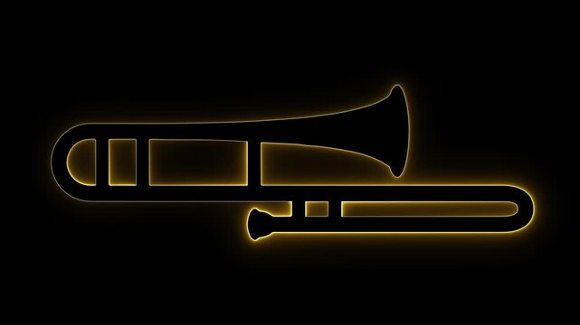 Glowing yellow neon outline of a trombone silhouette on a dark background. perfect for jazz band visuals, orchestra intros, concert overlays, music logos, and brass performance video backgrounds.