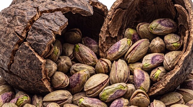 Pistachio nuts spilling from large cracked wooden shell on isolated white background featuring extreme close up macro texture layout