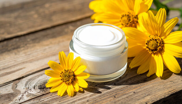 Soft creamy cosmetic product on weathered wooden plank, bright sunny yellow flowers, organic eco skincare concept for body and hair care. Close-up.