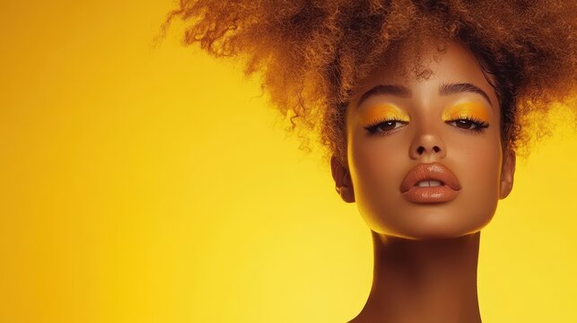 Close up of confident woman with stunning natural coily afro hair and vibrant yellow eye makeup against a radiant golden background.