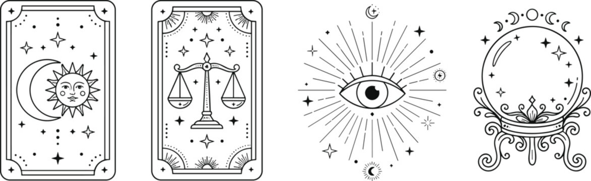 Mystical Esoteric and Tarot Card Icon Set with Crystal Ball Magic Eye and Astrology Elements in Line Art