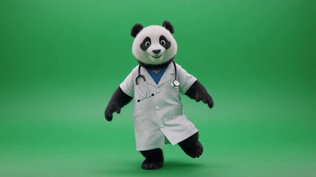 Charming Panda Doctor Animated Character Dancing Energetically on Green Screen Background