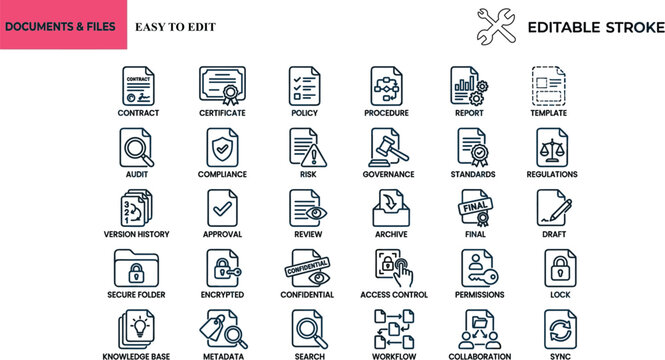 Collection of business documents and files icons set representing contract audit compliance risk governance standards regulations version history approval review archive final draft secure folder encr