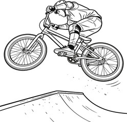 Fototapeta premium BMX rider jumping off a ramp during an extreme sports stunt, vector outline illustration