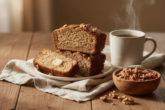 Sliced banana bread with coffee cup