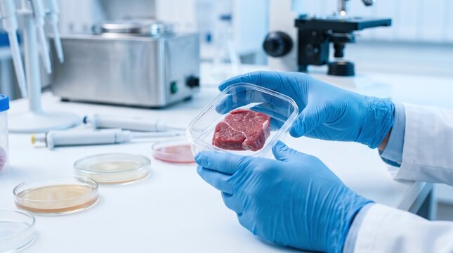 Laboratory researcher holding a container with cultivated meat in a modern science lab