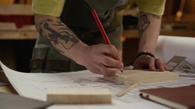 Cropped shot of unrecognizable male carpenter with tattoos drawing lines on wooden block using pencil and square ruler over blueprint. Video perfect for promoting woodworking courses or craft brands