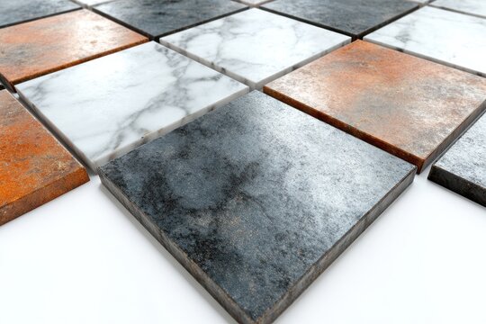 A close-up view of various tile materials, including marble and distressed concrete effect, arranged in a diamond pattern.