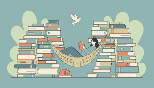 Woman relaxes in hammock suspended between giant stacks of books while reading, symbolizing literature and peace.