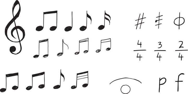 Musical Notation Symbols and Time Signatures Hand Drawn on White Background for Education