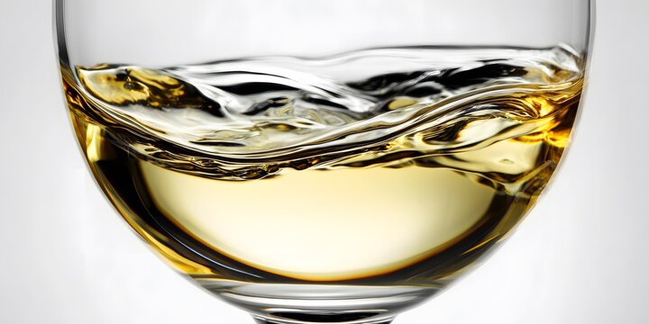 A golden liquid sloshes dynamically inside a clear curved glass against a white background.