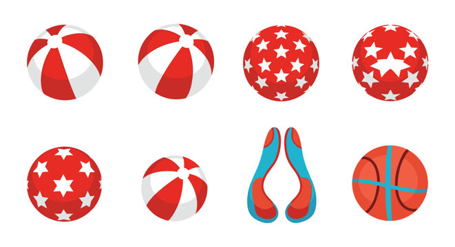 Variety of toy balls including colorful striped beach balls, red star-patterned balls, and a basketball, vector illustration.