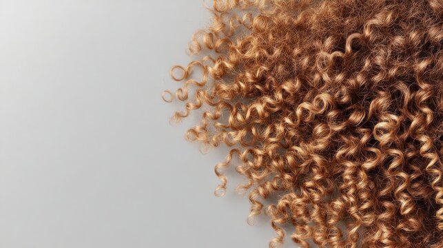 Close up detail of natural coily brown hair texture against a light background, showcasing individual spiral curls.