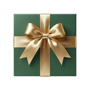 Green gift box tied with shiny gold ribbon and bow