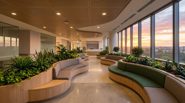 Biophilic Wellness Lounge with Curved Seating and Sunset Natural Light