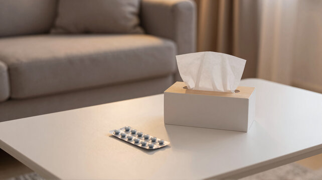 Tissue box and medicine blister pack on a white coffee table in a modern cozy living room