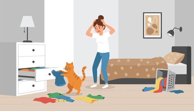 Frustrated woman looks at her messy bedroom while a mischievous cat pulls clothes out of dresser drawer.