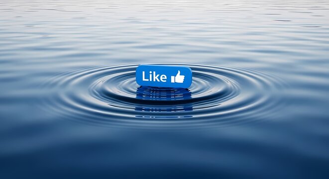 Social media like button floating on rippling blue water surface with internet