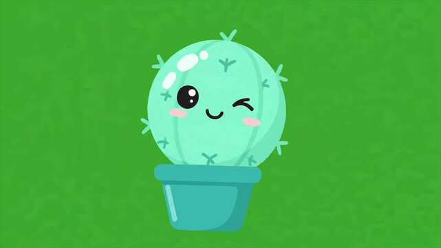 Cute cactus character with happy expression in a pot. Animated vector illustration featuring a friendly wink for cheerful social media graphics and playful web design decor.