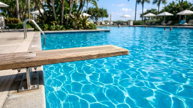 Wooden diving board at the edge of a clear blue swimming pool in a tropical resort setting